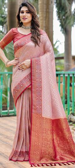 Festive, Party Wear, Traditional Pink and Majenta color Saree in Kanjeevaram Silk fabric with South Weaving, Zari work : 1927507