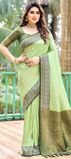 Festive, Party Wear, Traditional Green color Saree in Kanjeevaram Silk fabric with South Weaving, Zari work : 1927508