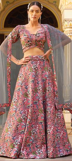 Engagement, Festive, Reception Pink and Majenta color Lehenga in Silk fabric with A Line Floral, Printed work : 1927530