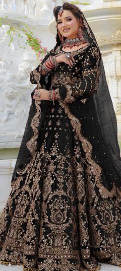 Bridal, Wedding Black and Grey color Lehenga in Velvet fabric with Flared Embroidered, Mirror, Thread, Zari work : 1927532