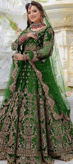 Bridal, Wedding Green color Lehenga in Velvet fabric with Flared Embroidered, Mirror, Thread, Zari work : 1927534