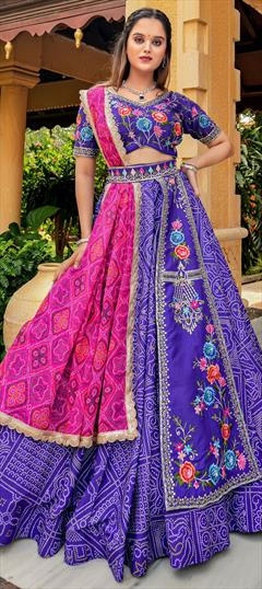 Bridal, Wedding Purple and Violet color Ready to Wear Lehenga in Silk fabric with Flared Bandhej, Embroidered, Sequence, Thread, Zari work : 1927536