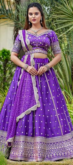 Bridal, Wedding Purple and Violet color Ready to Wear Lehenga in Satin Silk fabric with Flared Digital Print, Embroidered, Mirror, Sequence, Thread, Zari work : 1927538