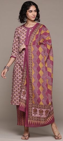 Festive, Summer Pink and Majenta color Salwar Kameez in Cotton fabric with Straight Floral, Printed, Resham, Thread work : 1927559