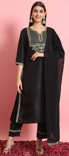 Festive, Traditional Black and Grey color Salwar Kameez in Blended, Silk fabric with Straight Embroidered, Resham, Thread work : 1927564