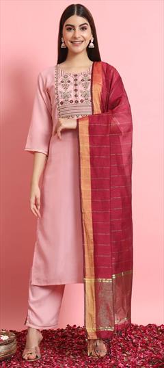 Festive, Traditional Pink and Majenta color Salwar Kameez in Blended, Silk fabric with Straight Embroidered, Resham, Thread work : 1927565