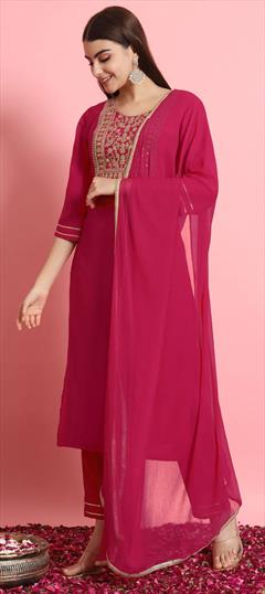 Festive, Traditional Pink and Majenta color Salwar Kameez in Blended, Silk fabric with Straight Embroidered, Resham, Thread work : 1927567