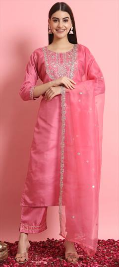 Festive, Traditional Pink and Majenta color Salwar Kameez in Blended, Silk fabric with Straight Embroidered, Resham, Thread work : 1927569