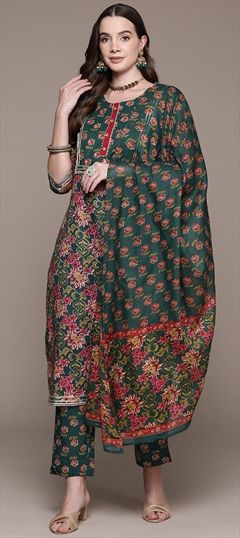 Festive, Summer Green color Salwar Kameez in Cotton fabric with Straight Floral, Gota Patti, Printed, Sequence work : 1927581