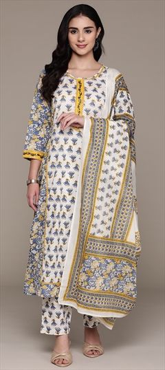Festive, Summer White and Off White color Salwar Kameez in Cotton fabric with Straight Cut Dana, Floral, Printed, Zardozi work : 1927584