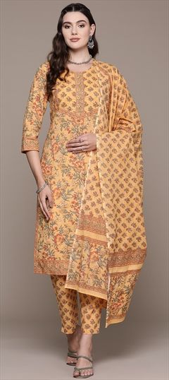 Festive, Summer Orange color Salwar Kameez in Cotton fabric with Straight Cut Dana, Floral, Printed, Sequence work : 1927586