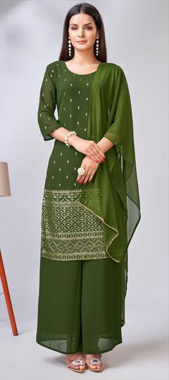 Festive, Party Wear Green color Salwar Kameez in Georgette fabric with Palazzo, Straight Embroidered, Sequence, Thread work : 1927588