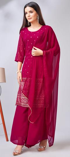 Festive, Party Wear Pink and Majenta color Salwar Kameez in Georgette fabric with Palazzo, Straight Embroidered, Sequence, Thread work : 1927589