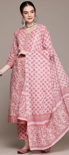 Festive, Summer Pink and Majenta color Salwar Kameez in Cotton fabric with Straight Cut Dana, Floral, Printed, Sequence work : 1927591