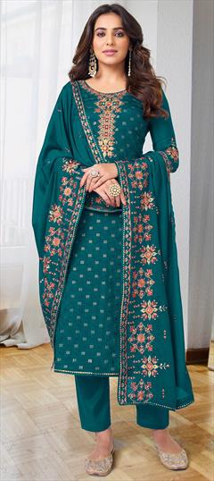 Casual, Festive, Traditional Blue color Salwar Kameez in Georgette fabric with Straight Embroidered, Resham, Thread work : 1927594