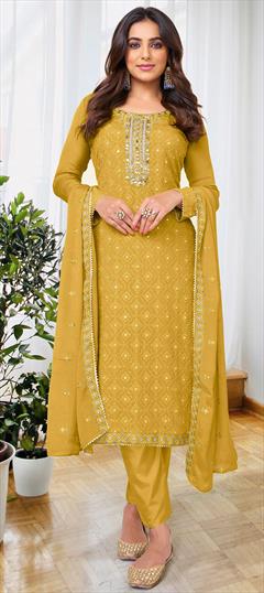 Casual, Festive, Traditional Yellow color Salwar Kameez in Georgette fabric with Straight Embroidered, Resham, Thread work : 1927595