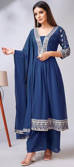 Festive, Party Wear Blue color Salwar Kameez in Georgette fabric with Palazzo Embroidered, Thread work : 1927597