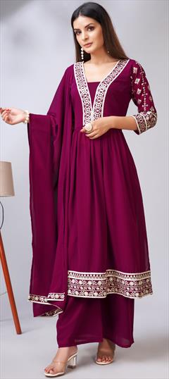 Festive, Party Wear Pink and Majenta color Salwar Kameez in Georgette fabric with Palazzo Embroidered, Thread work : 1927599