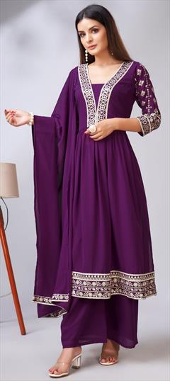 Festive, Party Wear Purple and Violet color Salwar Kameez in Georgette fabric with Palazzo Embroidered, Thread work : 1927600