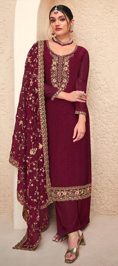 Mehendi Sangeet, Reception, Wedding Red and Maroon color Salwar Kameez in Georgette fabric with Straight Embroidered, Resham, Sequence, Thread, Zari work : 1927605