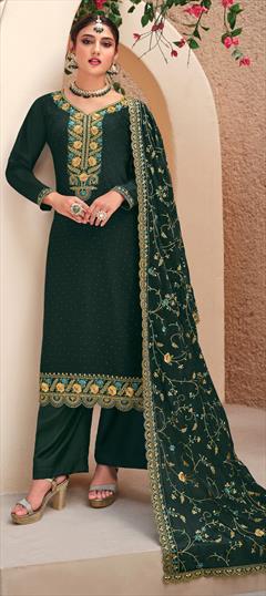 Mehendi Sangeet, Reception, Wedding Green color Salwar Kameez in Georgette fabric with Straight Embroidered, Resham, Sequence, Thread, Zari work : 1927606