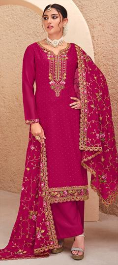Mehendi Sangeet, Reception, Wedding Pink and Majenta color Salwar Kameez in Georgette fabric with Straight Embroidered, Resham, Sequence, Thread, Zari work : 1927613