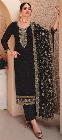 Mehendi Sangeet, Reception, Wedding Black and Grey color Salwar Kameez in Georgette fabric with Straight Embroidered, Resham, Sequence, Thread, Zari work : 1927614