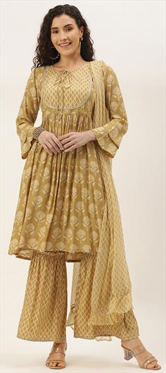 Festive, Party Wear Beige and Brown, Yellow color Salwar Kameez in Muslin fabric with Anarkali, Sharara Printed work : 1927663