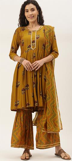 Festive, Party Wear Yellow color Salwar Kameez in Muslin fabric with Anarkali, Sharara Printed work : 1927664
