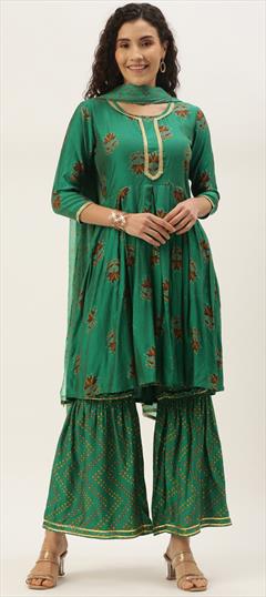 Festive, Party Wear Green color Salwar Kameez in Muslin fabric with Anarkali, Sharara Printed work : 1927665