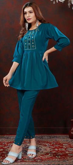 Casual, Summer Blue color Co-ords Set in Cotton fabric with Embroidered, Resham, Thread, Zari work : 1927688