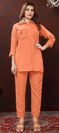 Casual, Summer Orange color Co-ords Set in Cotton fabric with Embroidered, Resham, Thread, Zari work : 1927689