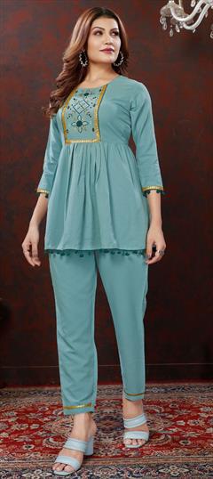 Casual, Summer Blue color Co-ords Set in Cotton fabric with Embroidered, Resham, Thread, Zari work : 1927691