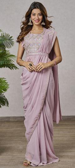 Mehendi Sangeet, Reception, Wedding Pink and Majenta color Readymade Saree in Georgette fabric with Classic Embroidered, Sequence, Thread work : 1927734