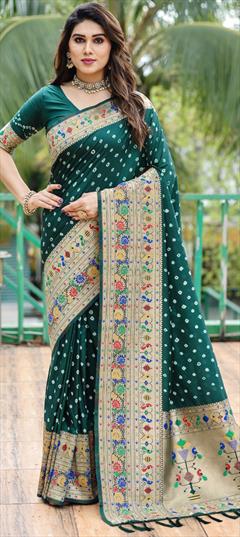 Party Wear, Reception, Traditional Green color Saree in Art Silk fabric with South Bandhej, Printed, Weaving, Zari work : 1927756