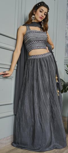 Engagement, Mehendi Sangeet, Wedding Black and Grey color Ready to Wear Lehenga in Art Silk fabric with Flared Embroidered, Sequence, Thread work : 1927779