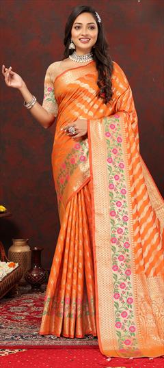 Festive, Traditional Orange color Saree in Art Silk fabric with Rajasthani, South Weaving, Zari work : 1927789