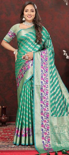 Festive, Traditional Green color Saree in Art Silk fabric with Rajasthani, South Weaving, Zari work : 1927797