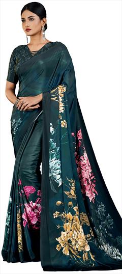Festive, Party Wear, Traditional Green color Saree in Crepe Silk fabric with Classic Digital Print, Floral work : 1927813