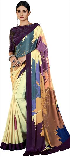 Festive, Party Wear, Traditional Yellow color Saree in Crepe Silk fabric with Classic Digital Print, Floral work : 1927815