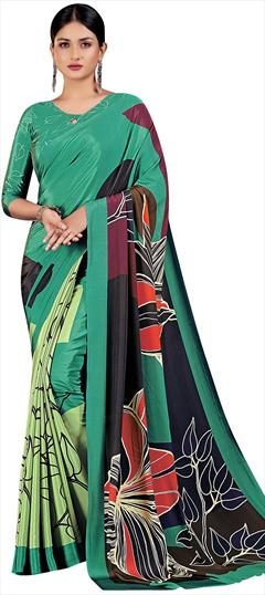Festive, Party Wear, Traditional Green color Saree in Crepe Silk fabric with Classic Digital Print, Floral work : 1927816