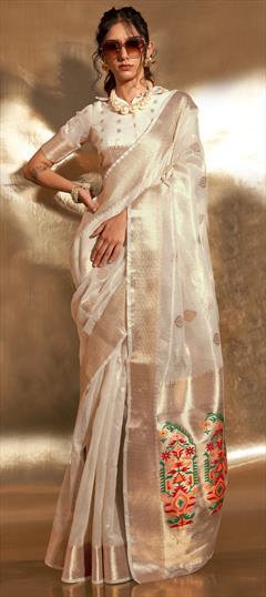 Party Wear, Traditional White and Off White color Saree in Silk, Tissue fabric with South Zari work : 1927832