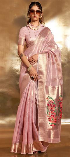 Party Wear, Traditional Pink and Majenta color Saree in Silk, Tissue fabric with South Zari work : 1927834