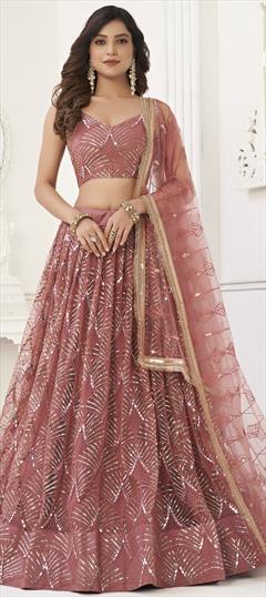 Engagement, Reception, Wedding Beige and Brown color Lehenga in Net fabric with Flared Embroidered, Sequence, Thread work : 1927840