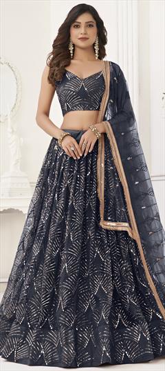 Engagement, Reception, Wedding Black and Grey color Lehenga in Net fabric with Flared Embroidered, Sequence, Thread work : 1927841