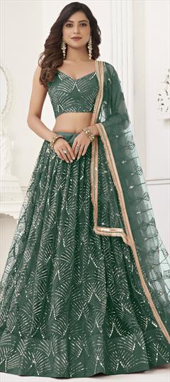 Engagement, Reception, Wedding Green color Lehenga in Net fabric with Flared Embroidered, Sequence, Thread work : 1927842