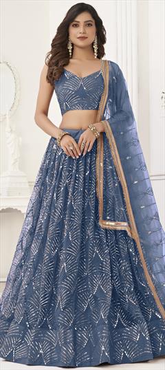 Engagement, Reception, Wedding Blue color Lehenga in Net fabric with Flared Embroidered, Sequence, Thread work : 1927843