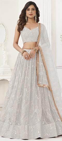 Engagement, Reception, Wedding White and Off White color Lehenga in Net fabric with Flared Embroidered, Sequence, Thread work : 1927844