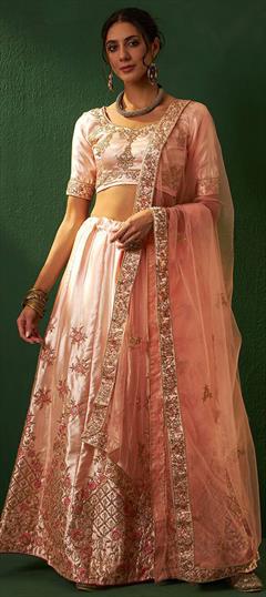 Engagement, Reception, Wedding Pink and Majenta color Lehenga in Silk fabric with Flared Embroidered, Sequence, Thread, Zari work : 1927846