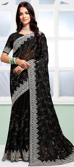 Engagement, Reception, Traditional Black and Grey color Saree in Silk fabric with Classic Embroidered, Sequence, Thread work : 1927851